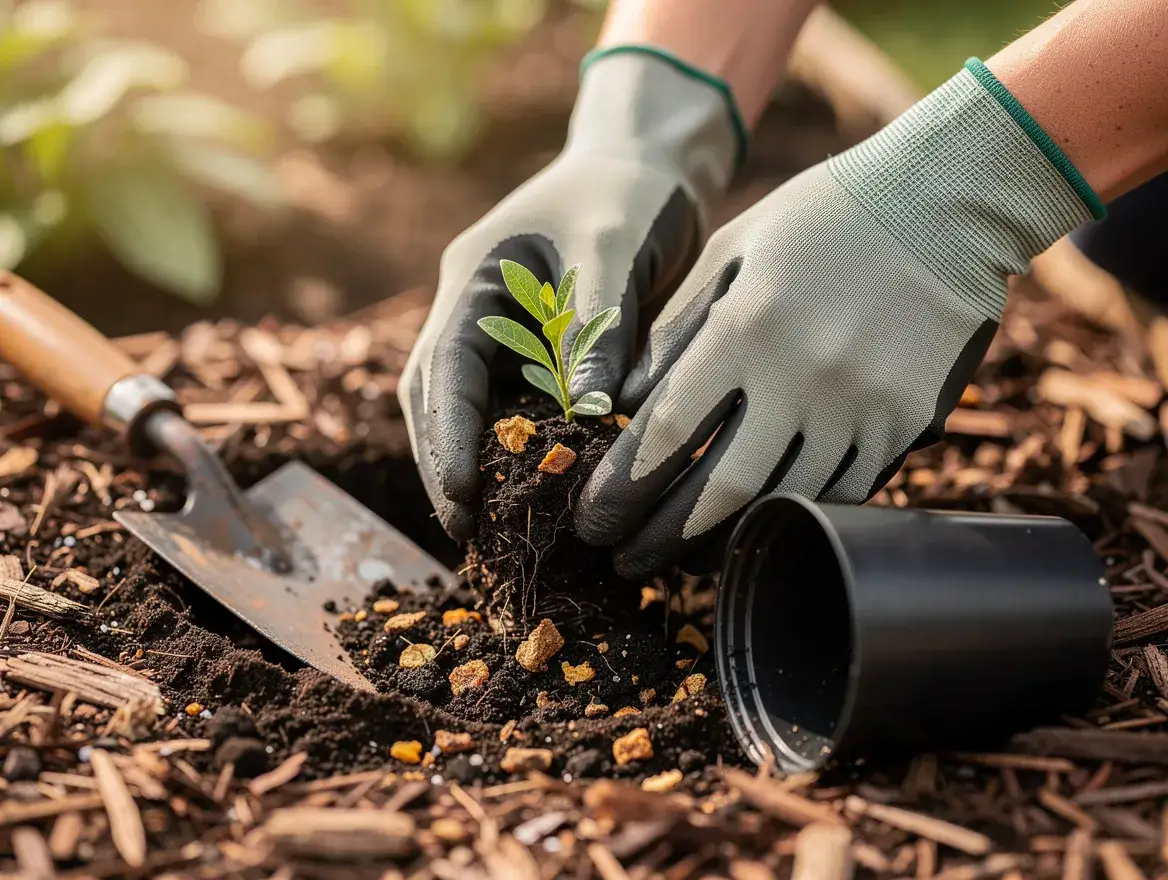Gloved hands planting a native seedling into fresh soil and mulch