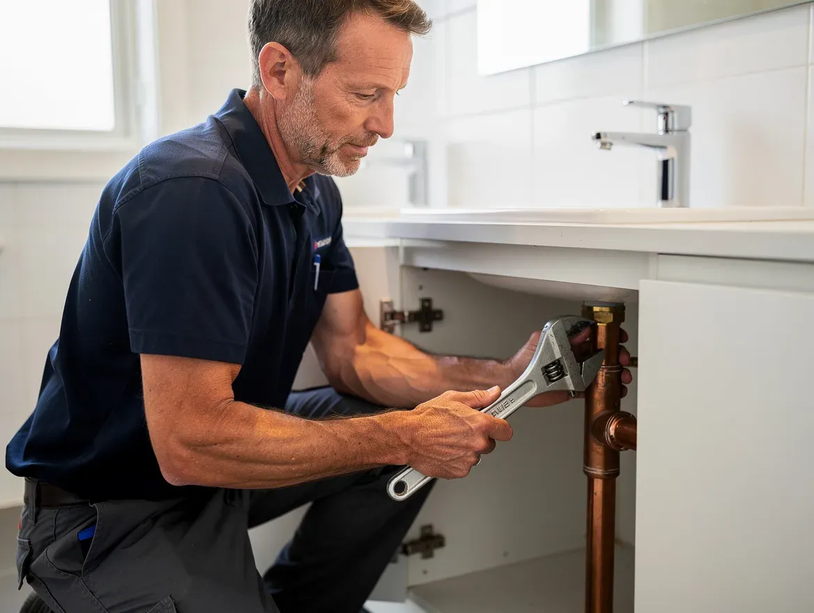 A plumber kneeling at an open bathroom vanity, tightening a copper pipe fitting with a shifter