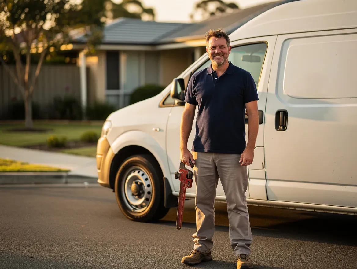 The owner standing beside the work van on a suburban driveway, holding a pipe wrench