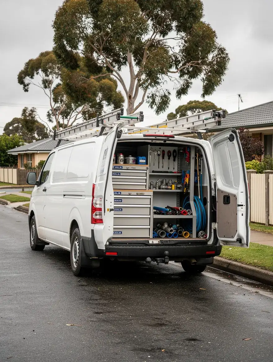 A white work van with its back doors open, showing neatly organised plumbing tools and fittings